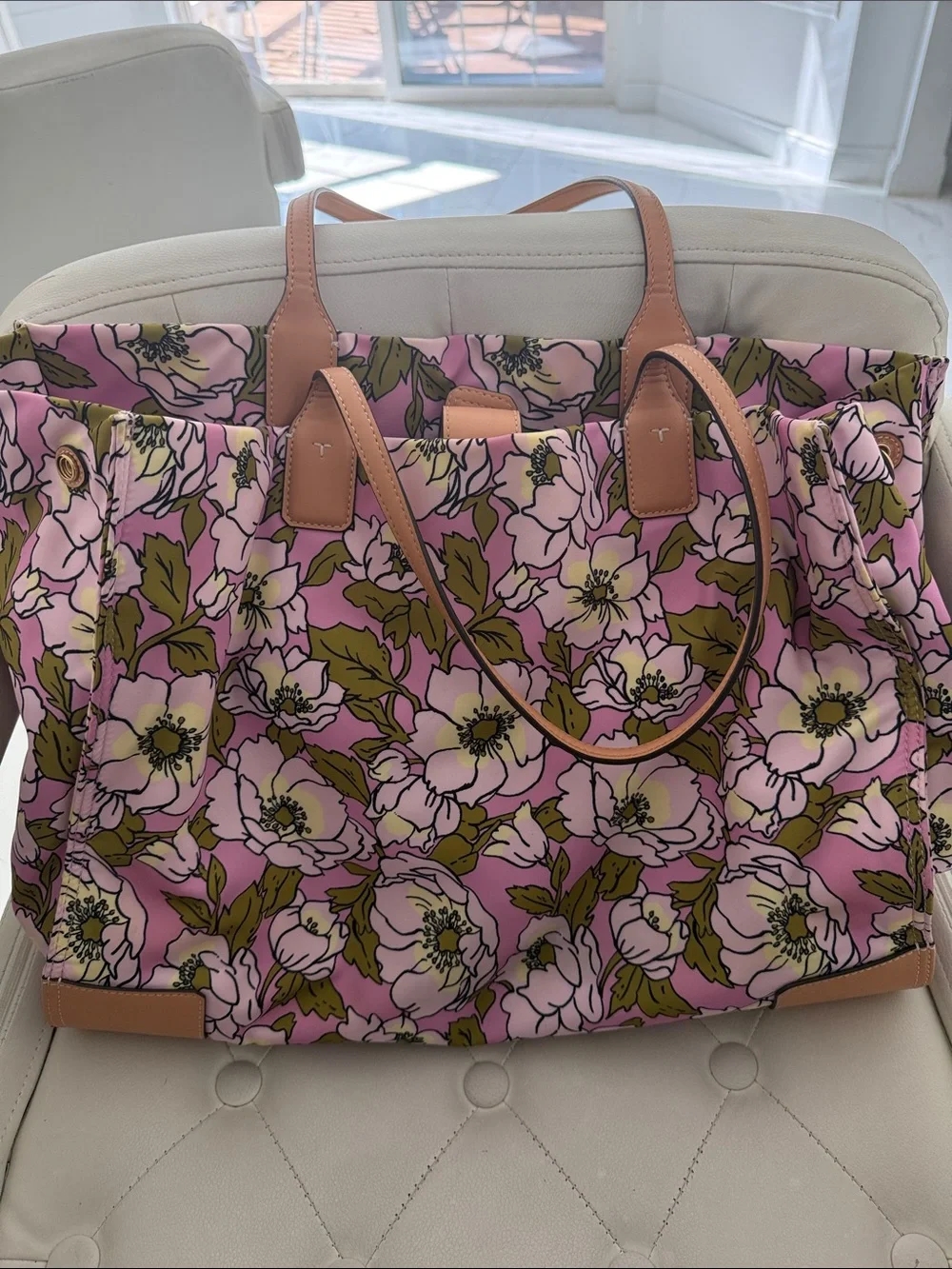 Tory Burch Ella Pink Floral  Tote with Tan Leather Trim large bag